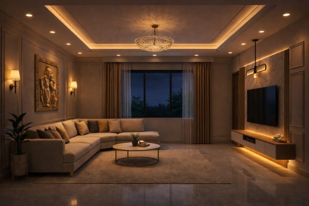 Stylish interior design project in Ahmedabad with premium sofa setup, wall paneling, and modern decor